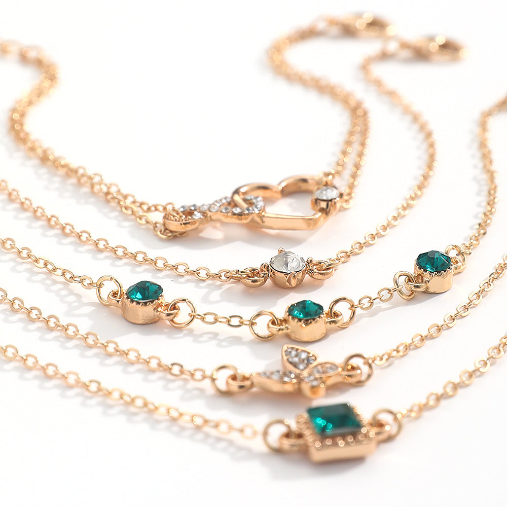 Bohemian 5Pc Green Crystal Bracelets Jewelry Set for Women Heart Bracelet Wedding Engagement Bracelet Fashion Jewelry