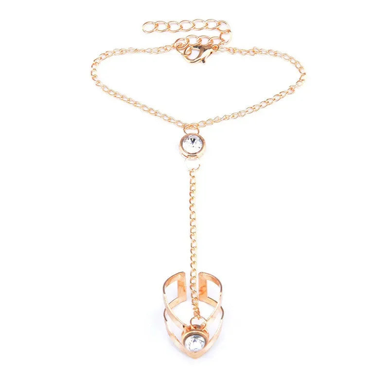 Bohemia Punk Link Chain Ring Connected Bracelets Gold Color Metal Finger Ring Bracelets Hand Harness Fashion Jewelry Women