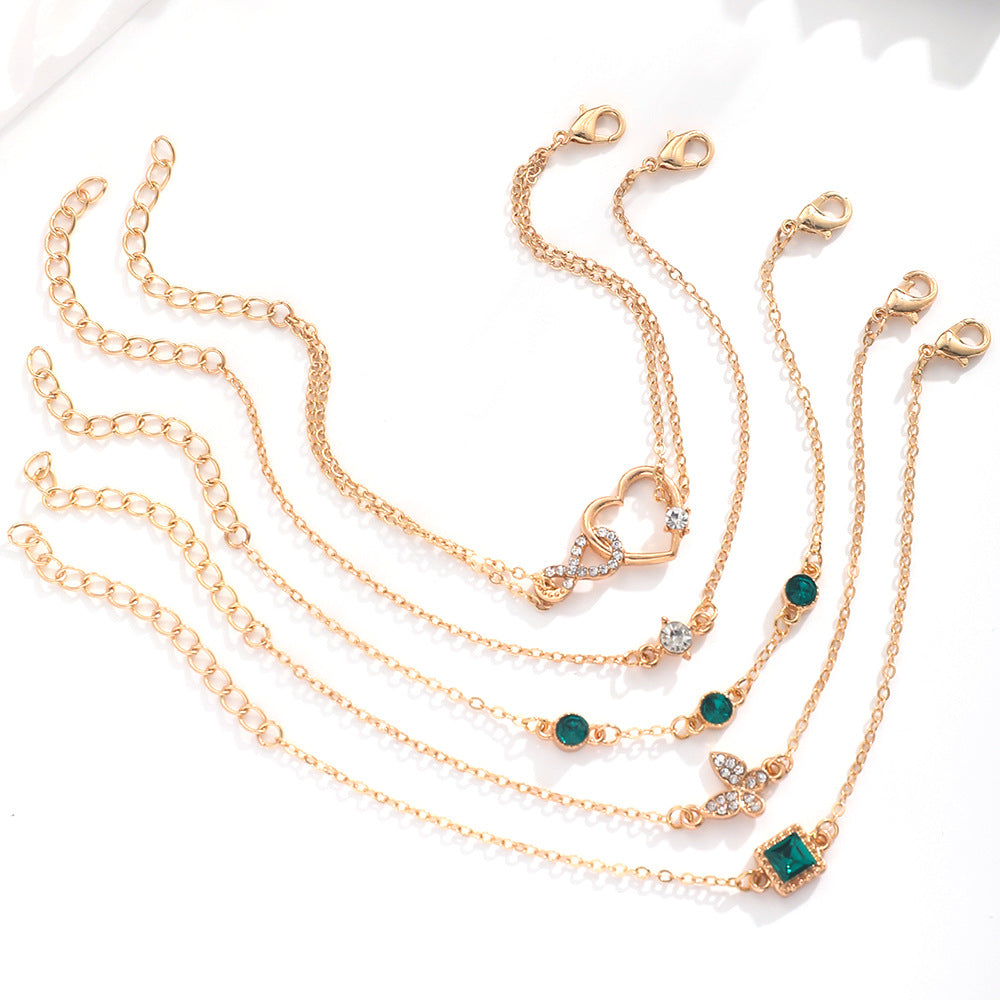 Bohemian 5Pc Green Crystal Bracelets Jewelry Set for Women Heart Bracelet Wedding Engagement Bracelet Fashion Jewelry