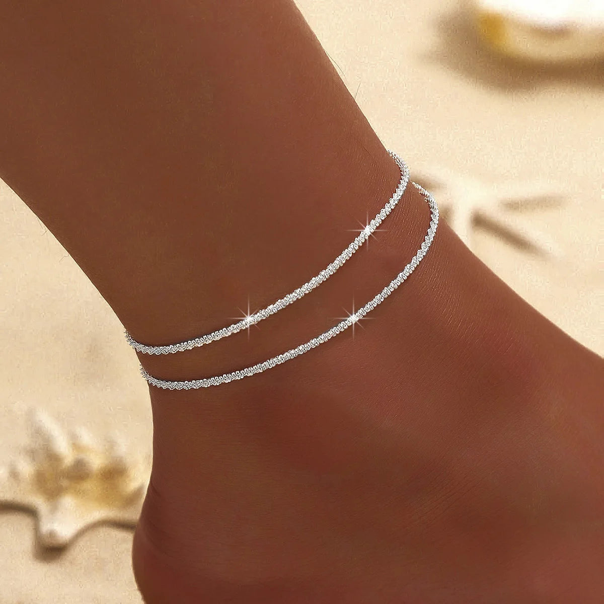 Shiny Sparkling Simple Anklet for Women Gold Silver Color Elegant Jewelry Female Beach Ankle Bracelet on Foot Party Gift