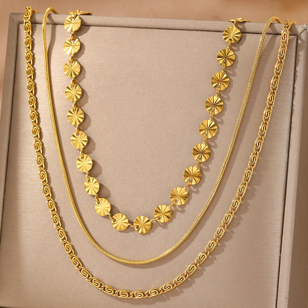 Stainless Steel Necklace Bohemian Fashion Design Sequins Triple Layers Collarbone Chain Women'S Jewelry Party Daily Match