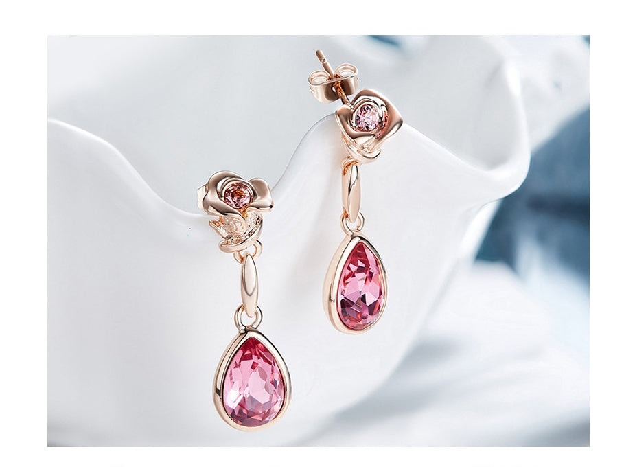 Rose Gold Stud Earrings with Elements Crystal Rose Necklace