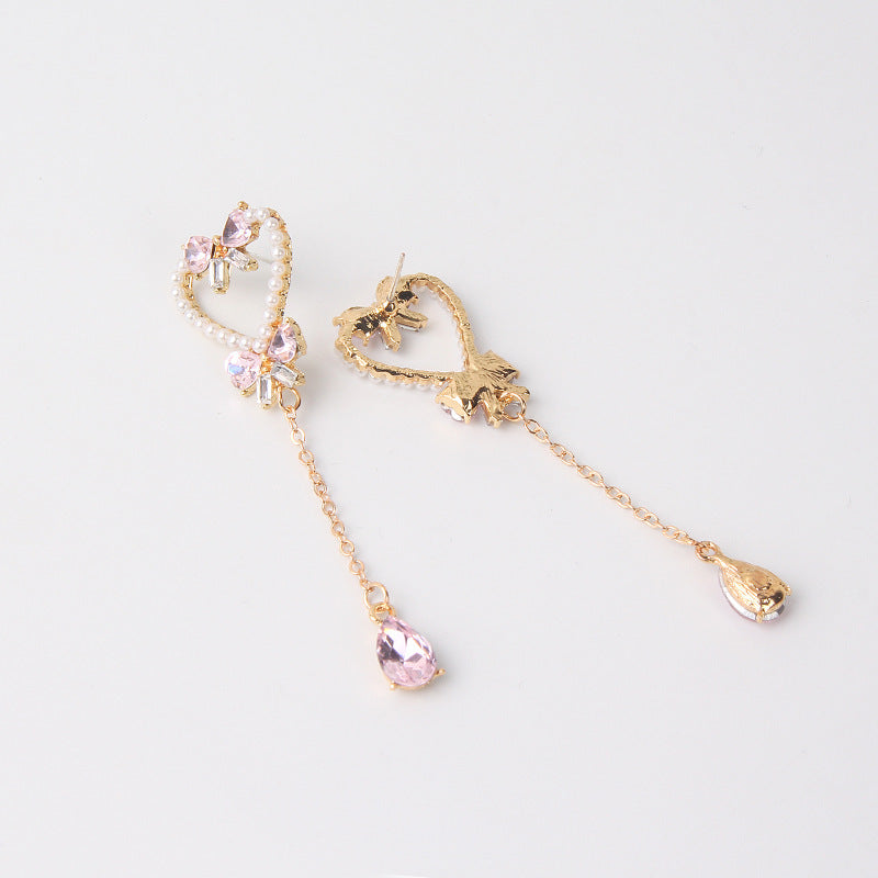 Pendientes de borlas de mariposa con forma de corazón de perla y aguja de plata