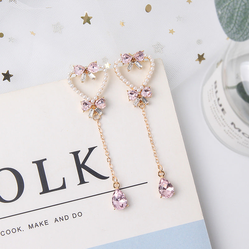 Pendientes de borlas de mariposa con forma de corazón de perla y aguja de plata