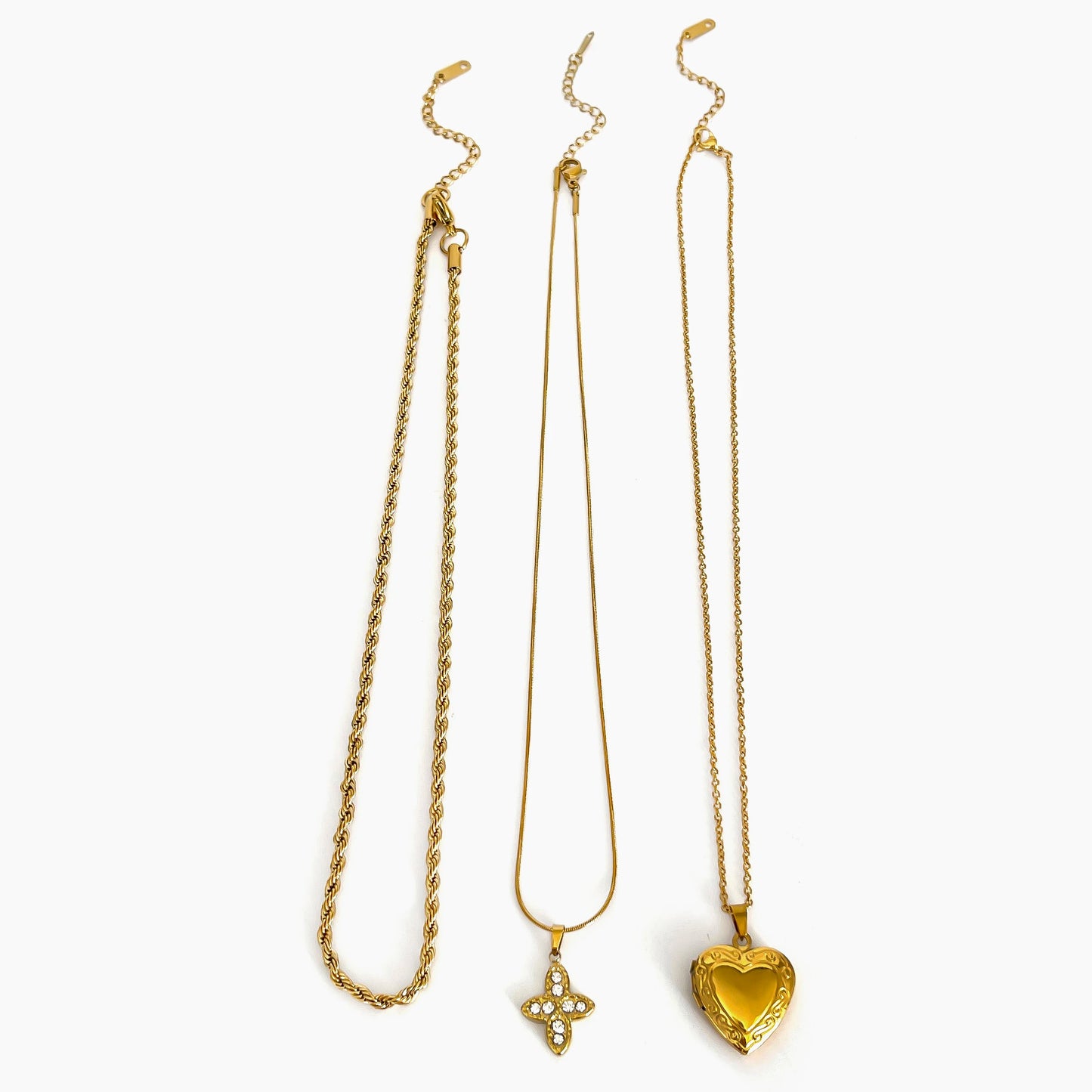 Trendy Solid Gold Color Rhinestone Cross Heart Pendant Necklace Fried Dough Twists Chain Stainless Steel Women Jewelry