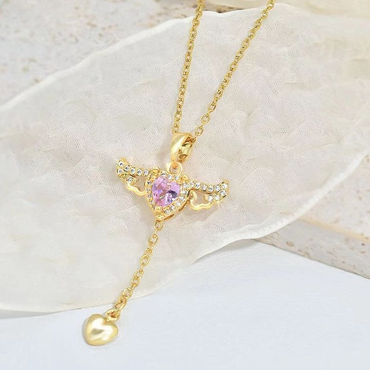 Collar con borlas y alas de ángel con forma de corazón de Cupido en movimiento y cadena de clavícula de cristal, joyería para mujer
