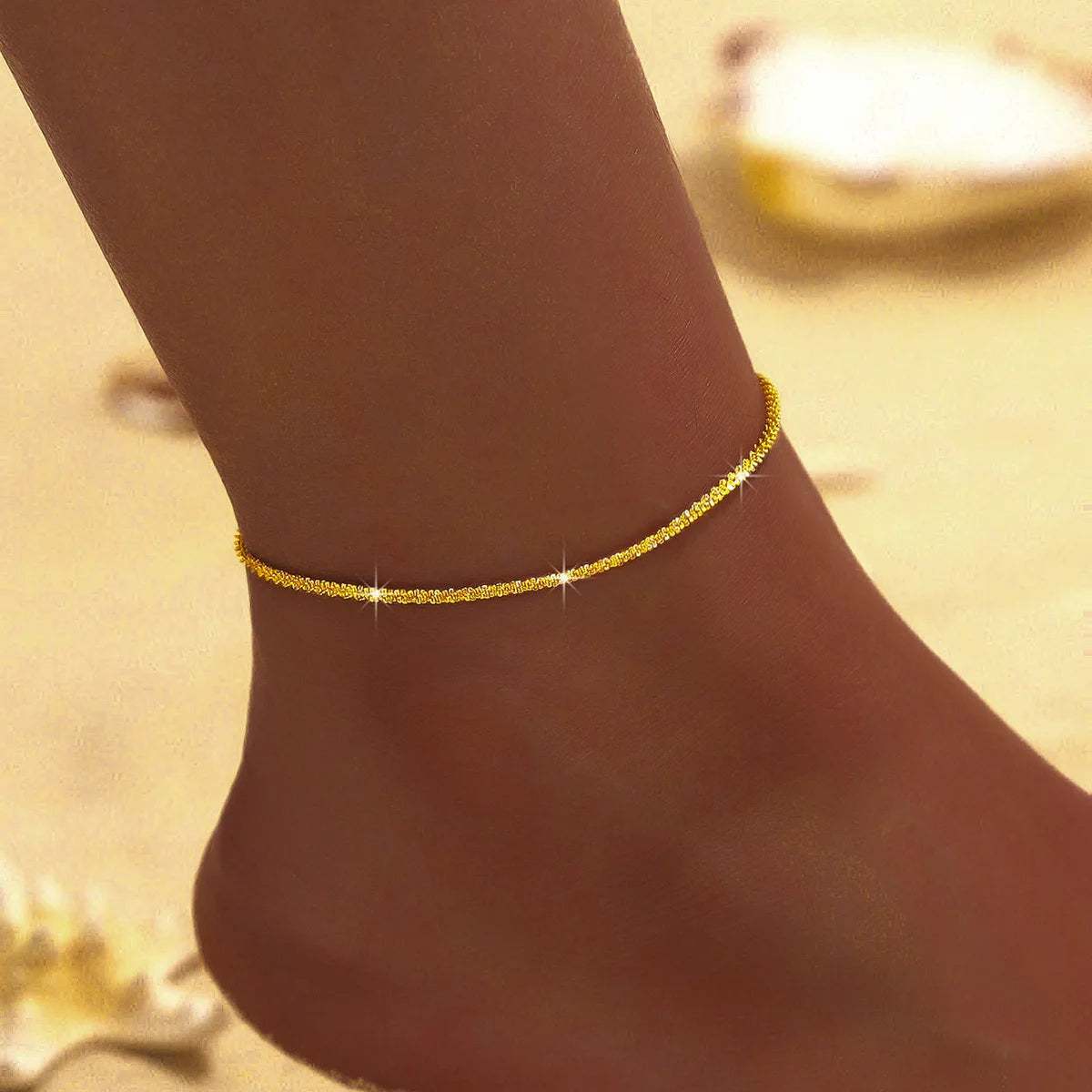 Shiny Sparkling Simple Anklet for Women Gold Silver Color Elegant Jewelry Female Beach Ankle Bracelet on Foot Party Gift