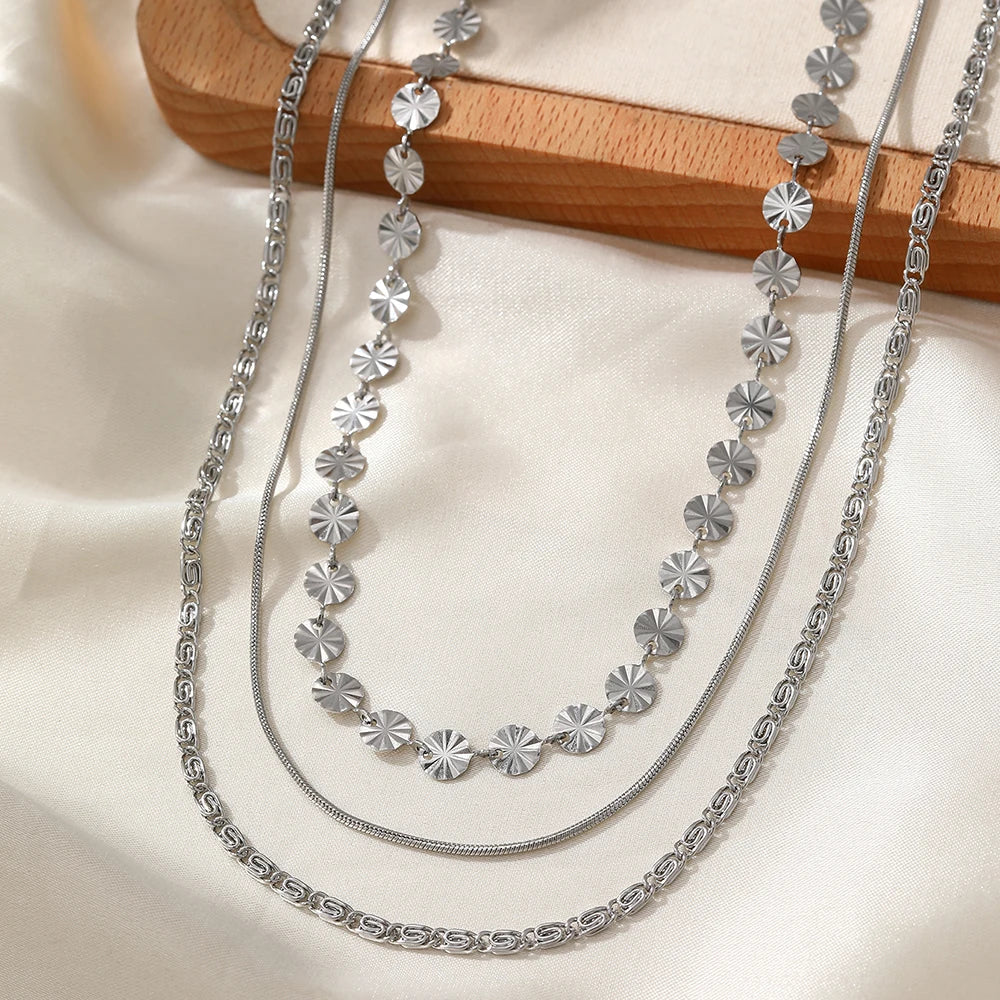 Stainless Steel Necklace Bohemian Fashion Design Sequins Triple Layers Collarbone Chain Women'S Jewelry Party Daily Match