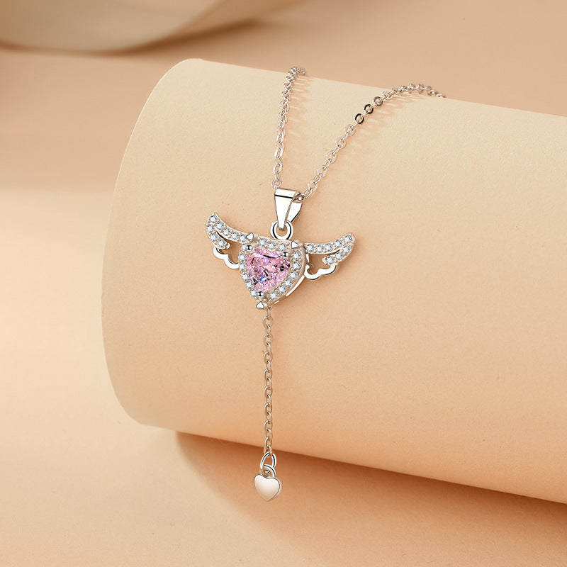Collar con borlas y alas de ángel con forma de corazón de Cupido en movimiento y cadena de clavícula de cristal, joyería para mujer