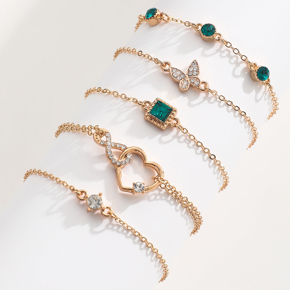 Bohemian 5Pc Green Crystal Bracelets Jewelry Set for Women Heart Bracelet Wedding Engagement Bracelet Fashion Jewelry