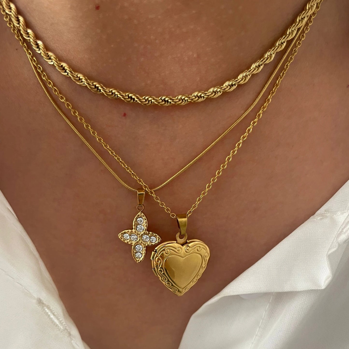 Trendy Solid Gold Color Rhinestone Cross Heart Pendant Necklace Fried Dough Twists Chain Stainless Steel Women Jewelry