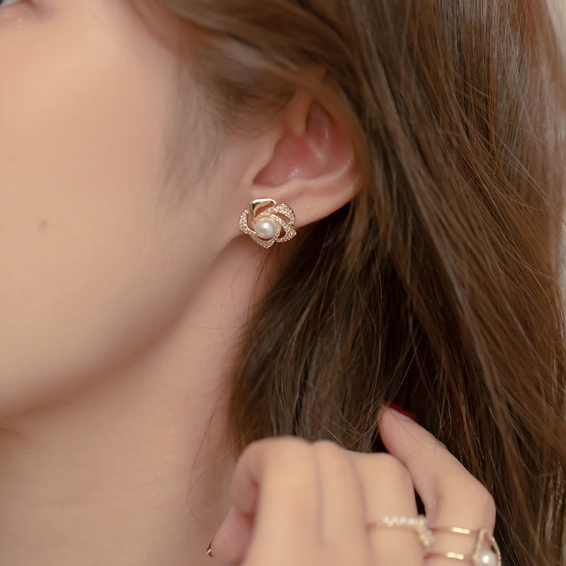Pendientes de perla rosa con diamantes para mujer New Niche