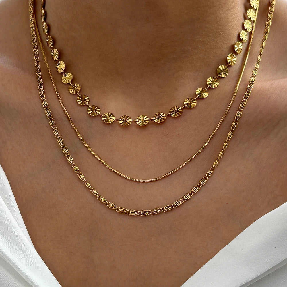 Stainless Steel Necklace Bohemian Fashion Design Sequins Triple Layers Collarbone Chain Women'S Jewelry Party Daily Match