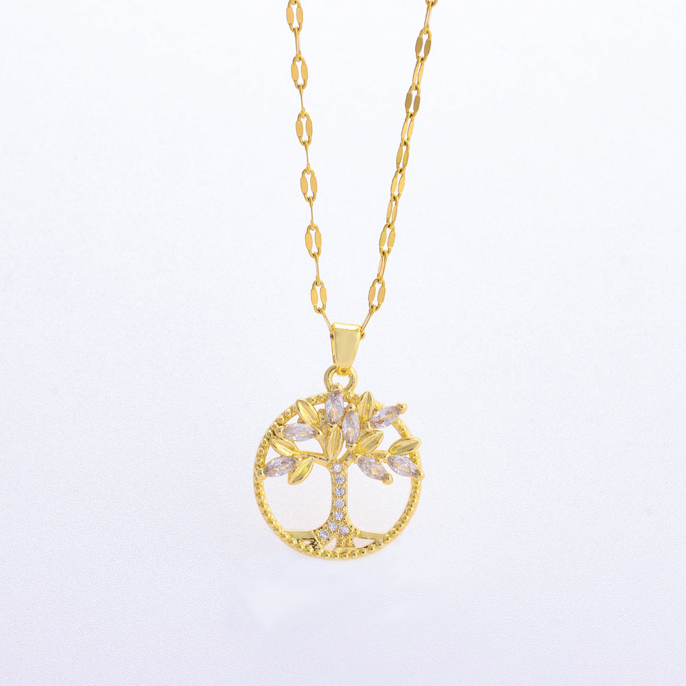 Colgante retro informal de árbol de la vida con incrustaciones de cobre y circonitas bañado en oro