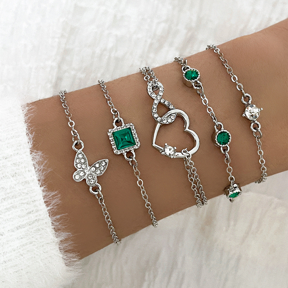 Bohemian 5Pc Green Crystal Bracelets Jewelry Set for Women Heart Bracelet Wedding Engagement Bracelet Fashion Jewelry