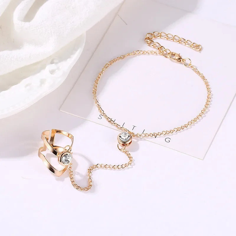 Bohemia Punk Link Chain Ring Connected Bracelets Gold Color Metal Finger Ring Bracelets Hand Harness Fashion Jewelry Women