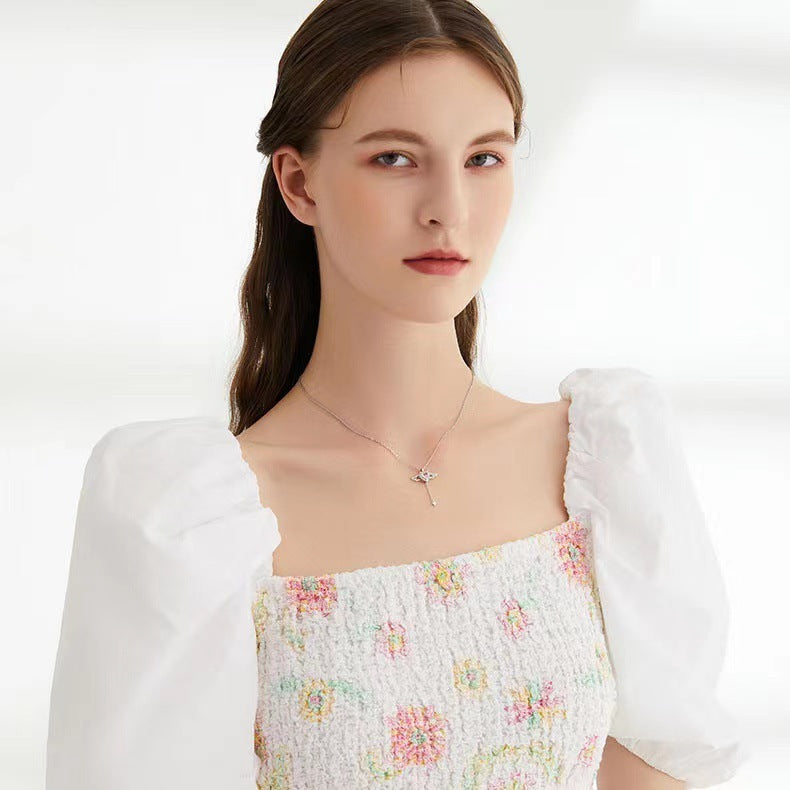 Collar con borlas y alas de ángel con forma de corazón de Cupido en movimiento y cadena de clavícula de cristal, joyería para mujer