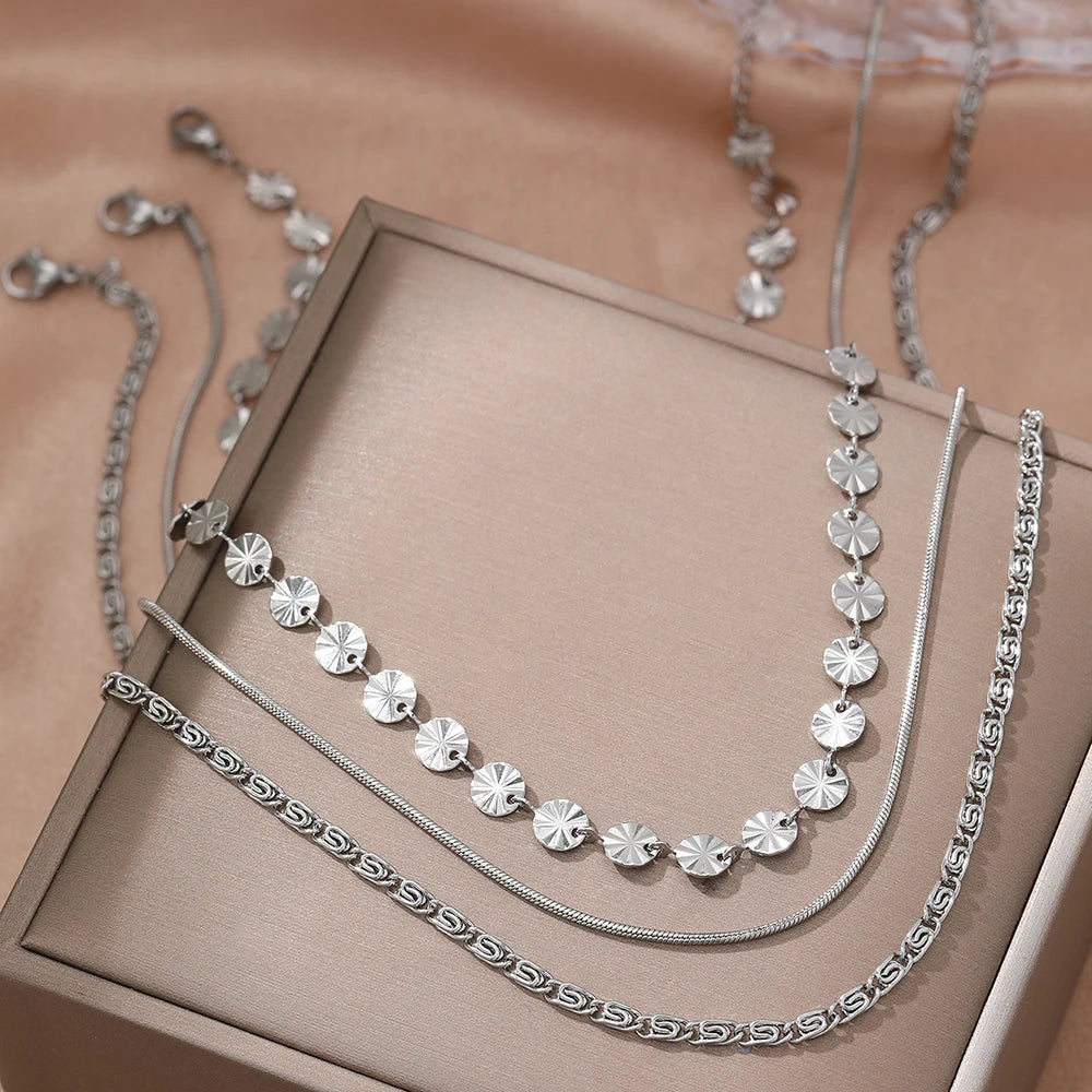 Stainless Steel Necklace Bohemian Fashion Design Sequins Triple Layers Collarbone Chain Women'S Jewelry Party Daily Match
