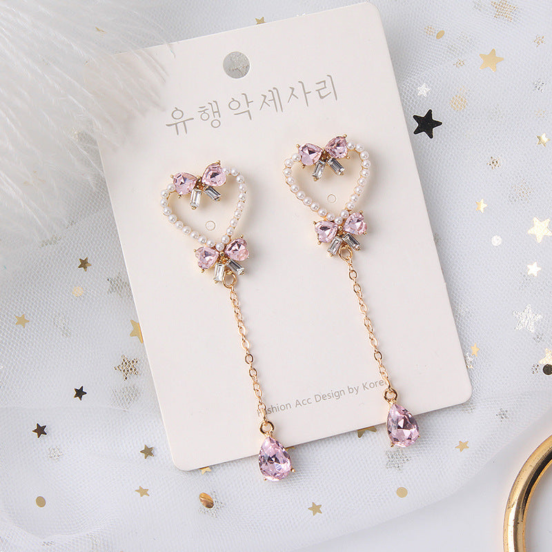 Pendientes de borlas de mariposa con forma de corazón de perla y aguja de plata
