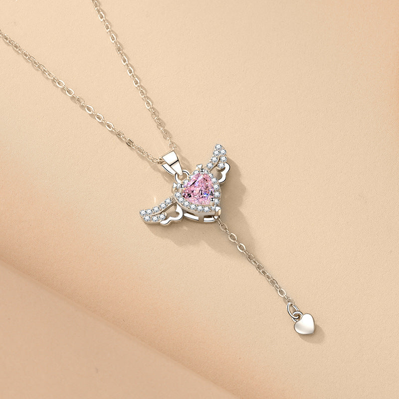 Collar con borlas y alas de ángel con forma de corazón de Cupido en movimiento y cadena de clavícula de cristal, joyería para mujer