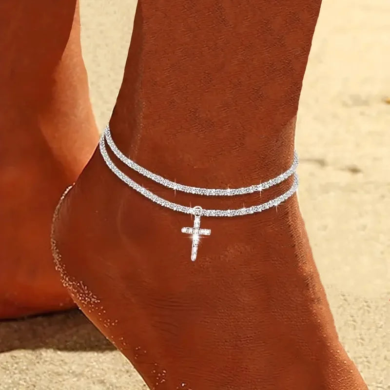 Shiny Sparkling Simple Anklet for Women Gold Silver Color Elegant Jewelry Female Beach Ankle Bracelet on Foot Party Gift