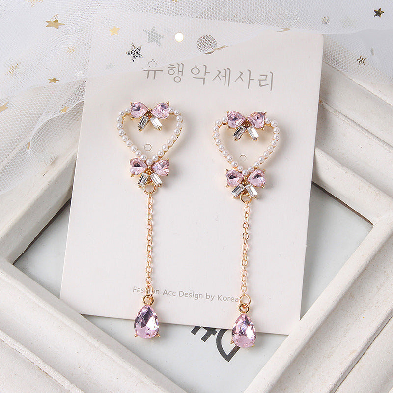 Pendientes de borlas de mariposa con forma de corazón de perla y aguja de plata