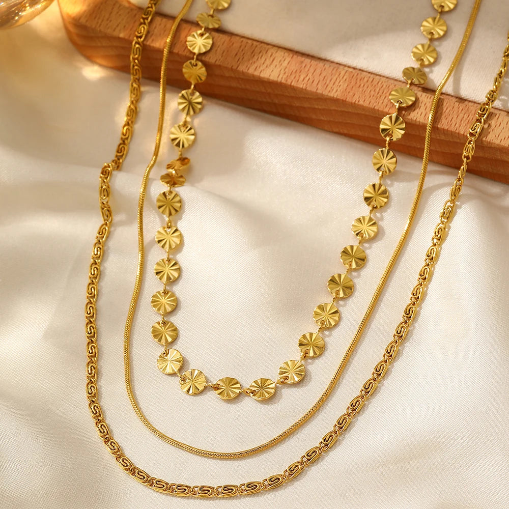 Stainless Steel Necklace Bohemian Fashion Design Sequins Triple Layers Collarbone Chain Women'S Jewelry Party Daily Match