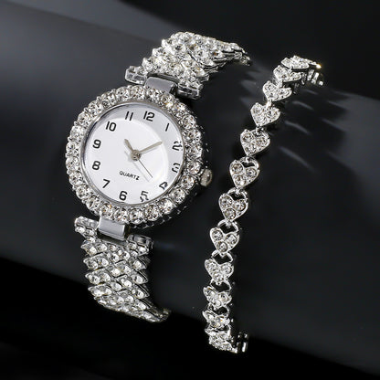 Conjunto de reloj y pulsera de lujo para mujer: elegante reloj de cuarzo con correa plateada y pulsera de aleación a juego | Regalo perfecto
