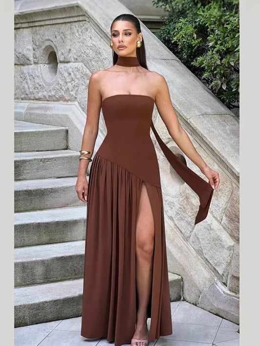 Pleated Strapless Split Maxi Dress Sexy Women'S Sleeveless Backless Hanging Neck Ribbon Vestidos 2025 Summer Banquet Party Robe