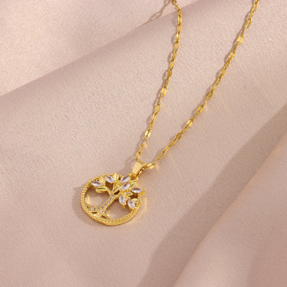 Retro Casual Copper Inlaid Zircon Gold Plated Tree Of Life Pendant