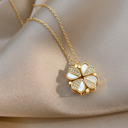 Luxury Four Leaf Clover Pendant Necklace Stainless Steel Crystal Heart Jewelry for Women Gift