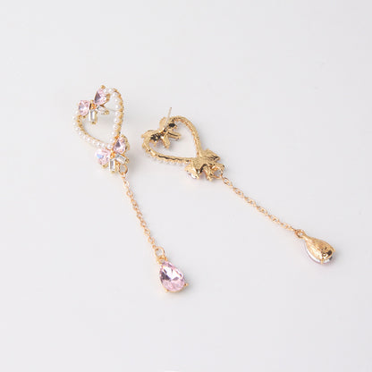 Pendientes de borlas de mariposa con forma de corazón de perla y aguja de plata
