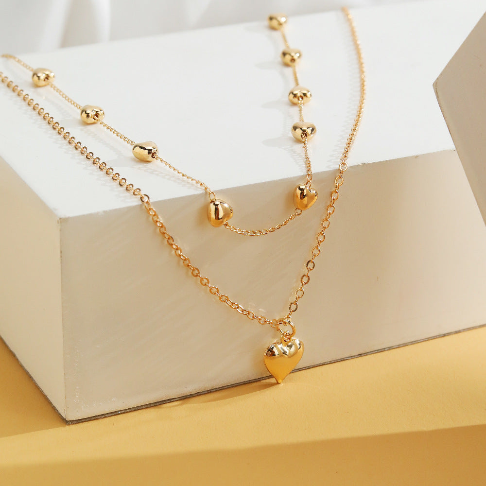 Double-Layer Heart Pendant Fine Chain Necklace for Women Multilayer Gold Color Metal Necklaces Fashion Jewelry Accessories