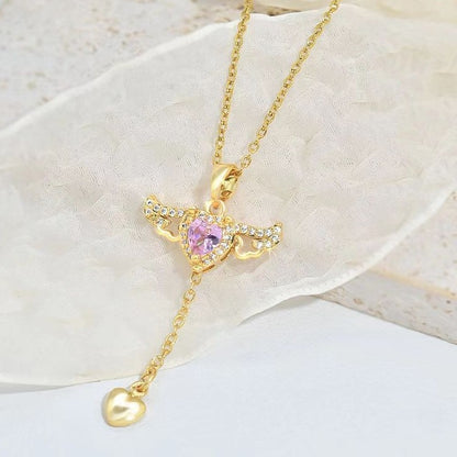 Moving Cupid Heart Angel Wings Tassel Necklace With Crystal Clavicle Chain Women Jewelry