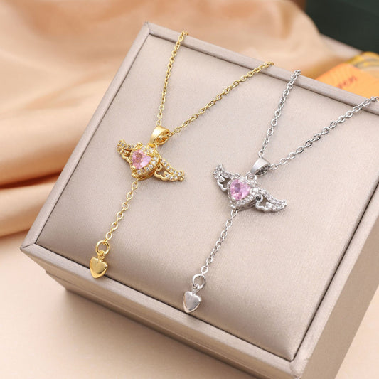 Moving Cupid Heart Angel Wings Tassel Necklace With Crystal Clavicle Chain Women Jewelry