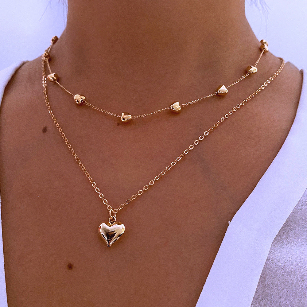 Double-Layer Heart Pendant Fine Chain Necklace for Women Multilayer Gold Color Metal Necklaces Fashion Jewelry Accessories