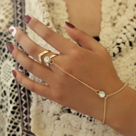 Bohemia Punk Link Chain Ring Connected Bracelets Gold Color Metal Finger Ring Bracelets Hand Harness Fashion Jewelry Women