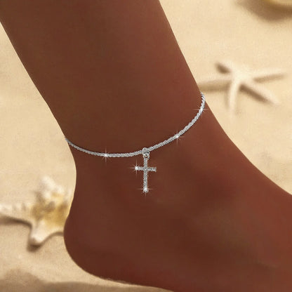 Shiny Sparkling Simple Anklet for Women Gold Silver Color Elegant Jewelry Female Beach Ankle Bracelet on Foot Party Gift