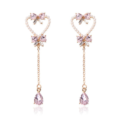 Pendientes de borlas de mariposa con forma de corazón de perla y aguja de plata