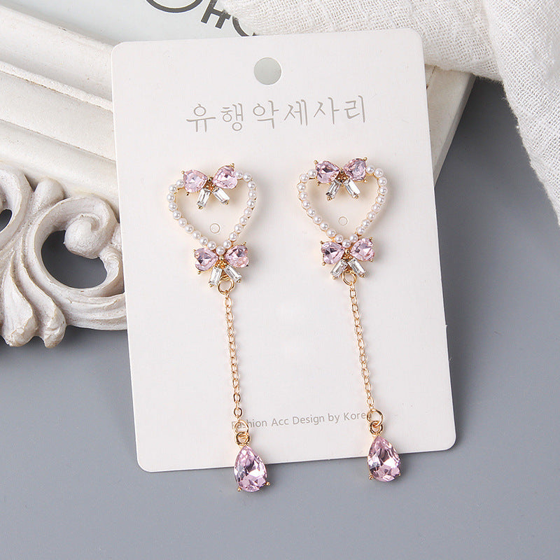 Pendientes de borlas de mariposa con forma de corazón de perla y aguja de plata