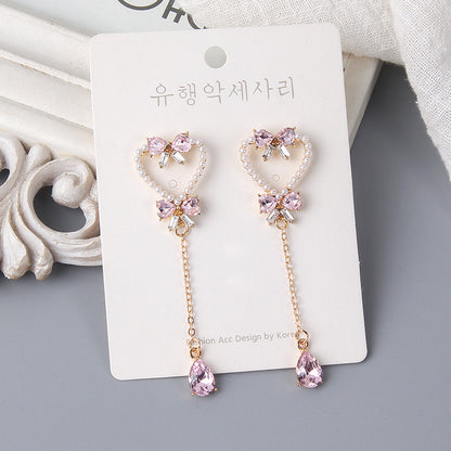 Pendientes de borlas de mariposa con forma de corazón de perla y aguja de plata