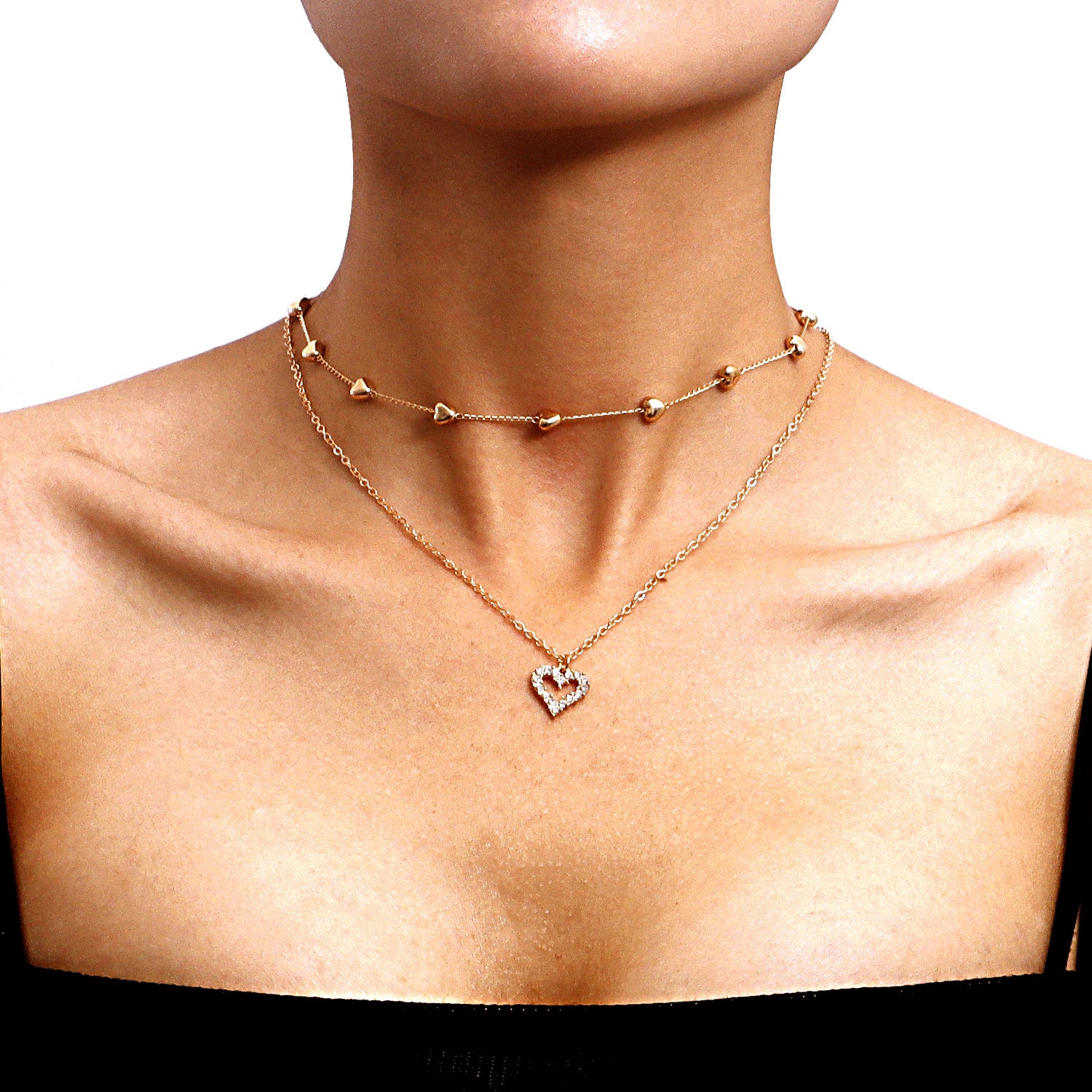 Double-Layer Heart Pendant Fine Chain Necklace for Women Multilayer Gold Color Metal Necklaces Fashion Jewelry Accessories