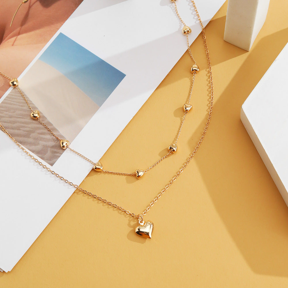 Double-Layer Heart Pendant Fine Chain Necklace for Women Multilayer Gold Color Metal Necklaces Fashion Jewelry Accessories