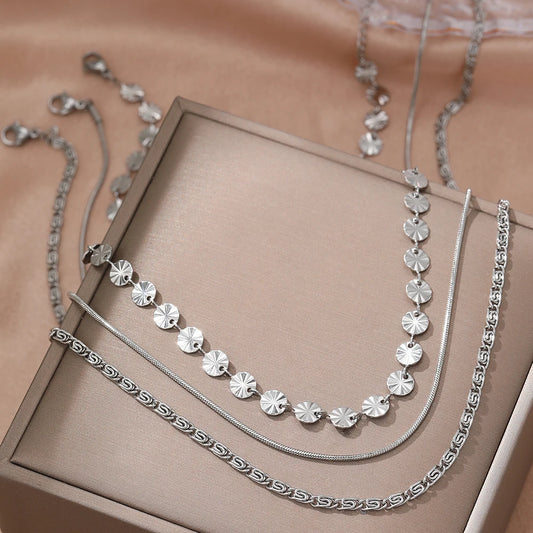 Stainless Steel Necklace Bohemian Fashion Design Sequins Triple Layers Collarbone Chain Women'S Jewelry Party Daily Match