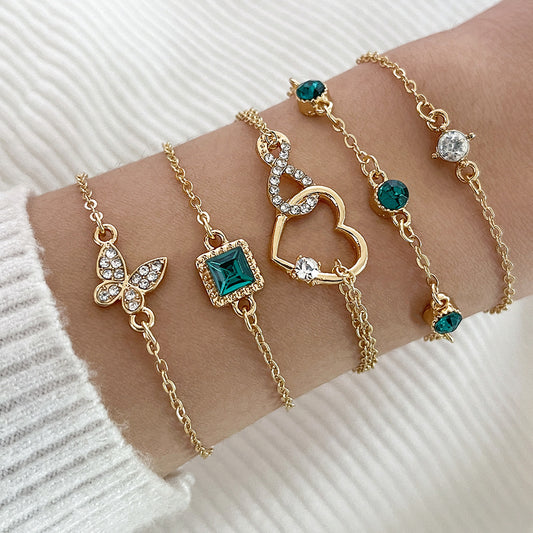 Bohemian 5Pc Green Crystal Bracelets Jewelry Set for Women Heart Bracelet Wedding Engagement Bracelet Fashion Jewelry