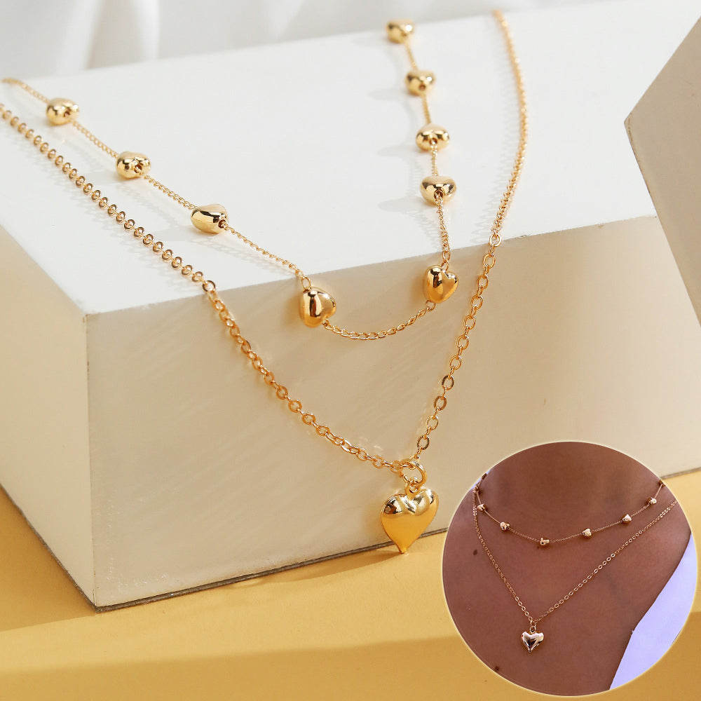 Double-Layer Heart Pendant Fine Chain Necklace for Women Multilayer Gold Color Metal Necklaces Fashion Jewelry Accessories
