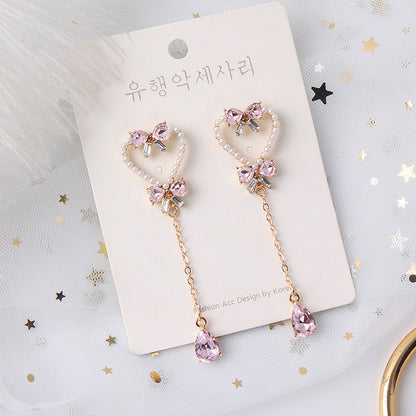Pendientes de borlas de mariposa con forma de corazón de perla y aguja de plata