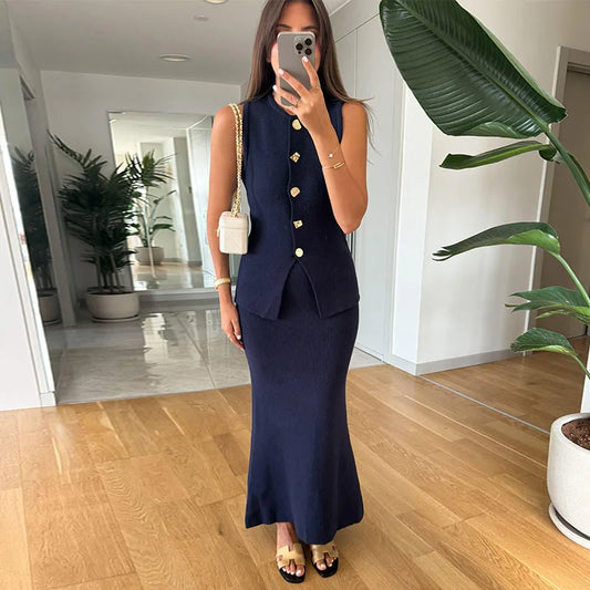 Elegant Knit Vest Suits Women Solid Single Breasted O-Neck Sleeveless Slim Waistcoat Bodycon Midi Skirts 2025 Spring Lady Outfit